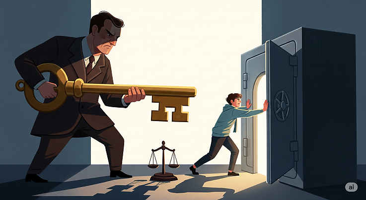 Symbolische Darstellung eines Konflikts zwischen einem Vermieter, der einen gro�en Schl�ssel h�lt, und einem Mieter, der sein Zuhause sch�tzt. Dazwischen liegt ein Richterhammer.