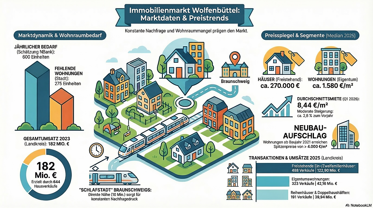 Infografik zum Immobilienmarkt Wolfenb�ttel 2026. Sie zeigt Marktdaten und Preistrends: Ein j�hrlicher Bedarf von 600 Einheiten steht einem Mangel von 275 Wohnungen gegen�ber. Der Medianpreis f�r freistehende H�user liegt bei 270.000 �, f�r Eigentumswohnungen bei 1.580 �/m�. Die Durchschnittsmiete betr�gt 8,44 �/m� (Q1 2026). Zudem werden Transaktionszahlen f�r 2025 aufgef�hrt, darunter 488 verkaufte Ein- und Zweifamilienh�user. Die N�he zu Braunschweig (10 Min.) wird als Hauptgrund f�r den konstanten Nachfragedruck genannt.