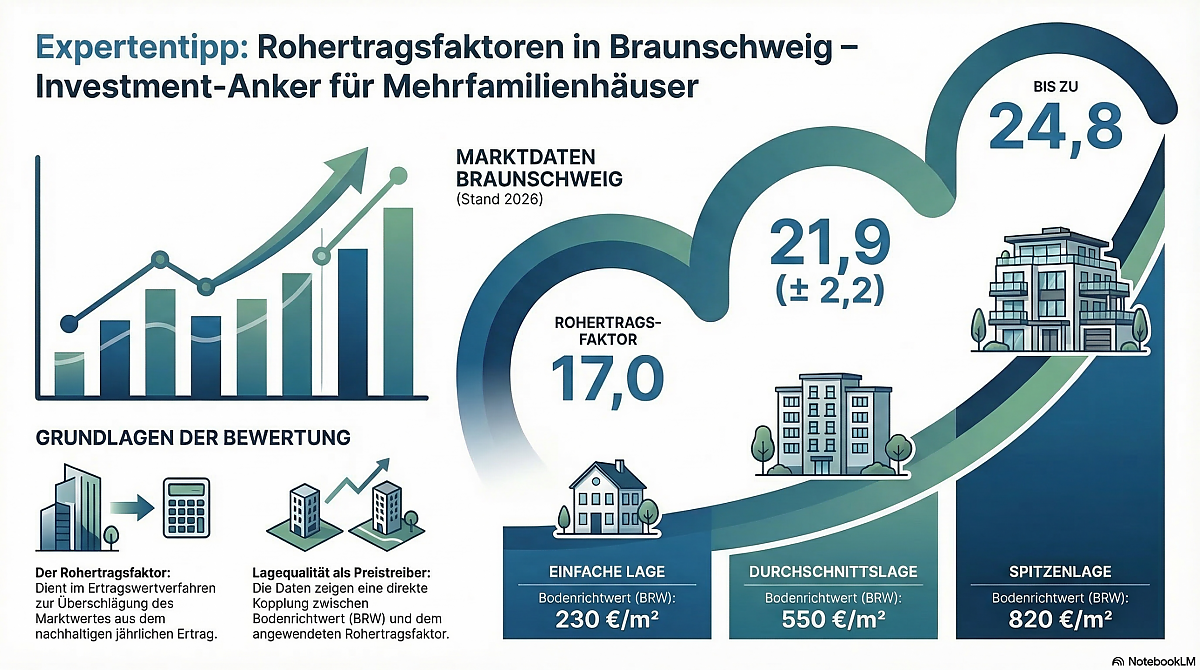 Infografik zu Rohertragsfaktoren in Braunschweig 2026 nach Lage: Einfach (Faktor 17,0 bei 230 �/m� BRW), Durchschnitt (Faktor 21,9 bei 550 �/m�) und Spitze (Faktor bis 24,8 bei 820 �/m�).