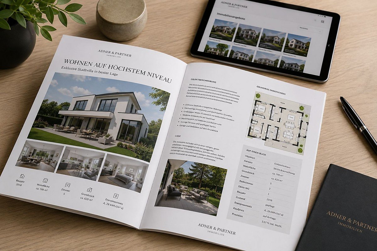 Professionelles Immobilienexposé für die Immobilienvermarktung in Braunschweig Hochwertiges Immobilienexposé mit Fotos, Grundriss und Objektinformationen