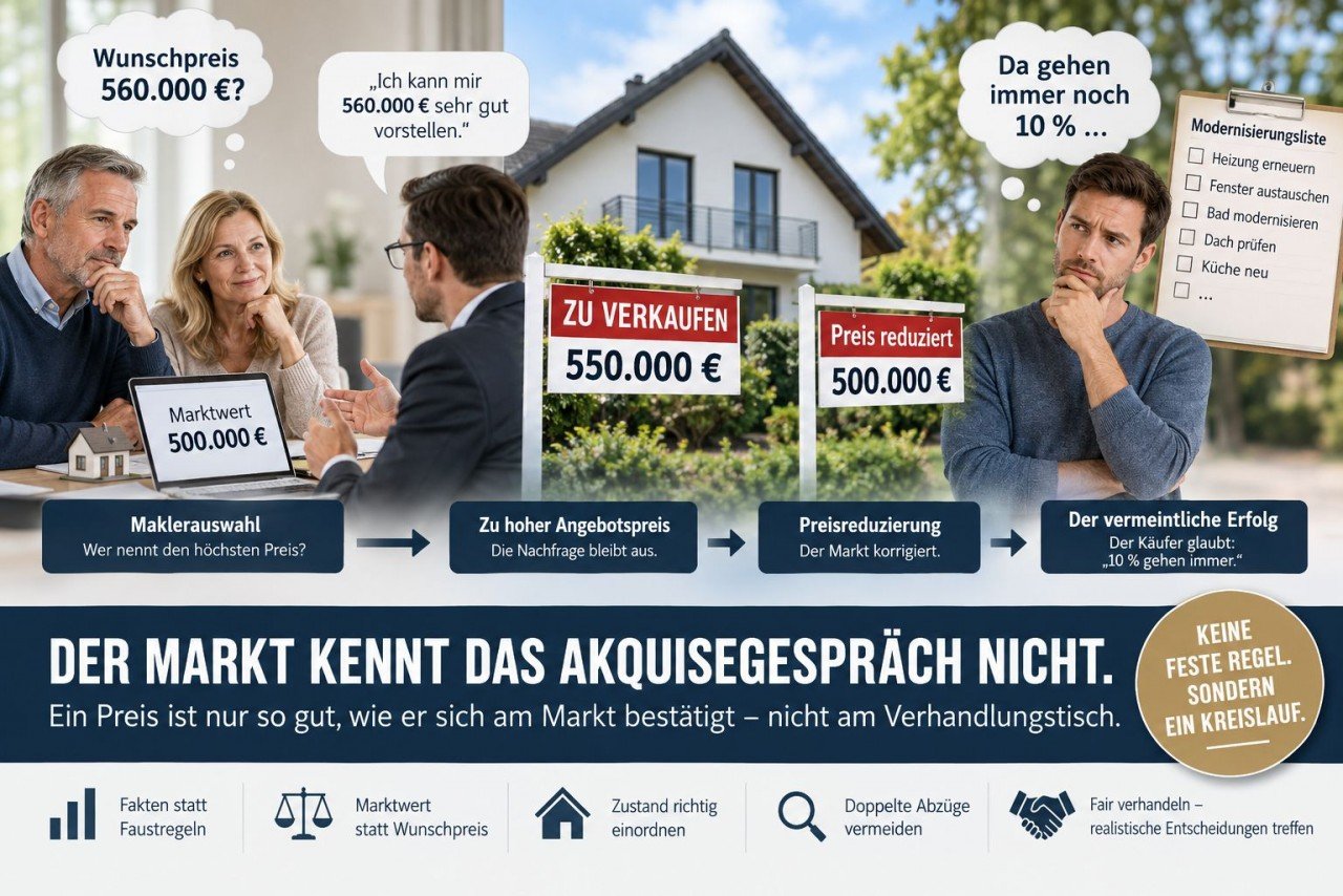 Infografik zum 10-Prozent-Mythos beim Immobilienkauf mit Wunschpreis, Marktwert, Preisreduzierung und Modernisierungsliste.