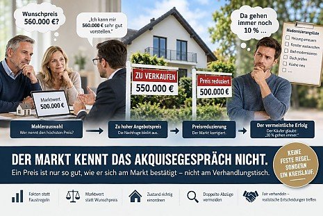 Infografik zum 10-Prozent-Mythos beim Immobilienkauf mit Wunschpreis, Marktwert, Preisreduzierung und Modernisierungsliste.