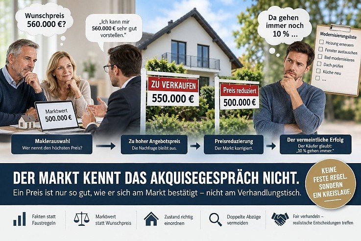 Infografik zum 10-Prozent-Mythos beim Immobilienkauf mit Wunschpreis, Marktwert, Preisreduzierung und Modernisierungsliste.