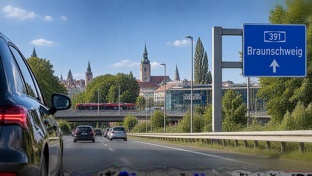 Title: Anfahrt nach Braunschweig zur Immobilienbesichtigung Autofahrt nach Braunschweig mit Wegweiser und Blick auf die Innenstadt