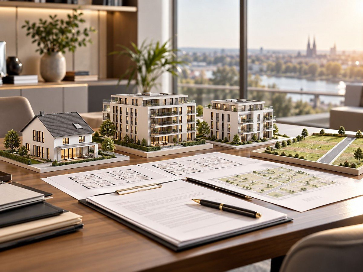 Architekturmodelle von Einfamilienh�usern und Mehrfamilienh�usern mit Baupl�nen und Grundst�cksentw�rfen auf einem Planungstisch � Symbolbild f�r Grundst�cksentwicklung, Neubau und Nachverdichtung in Braunschweig.
