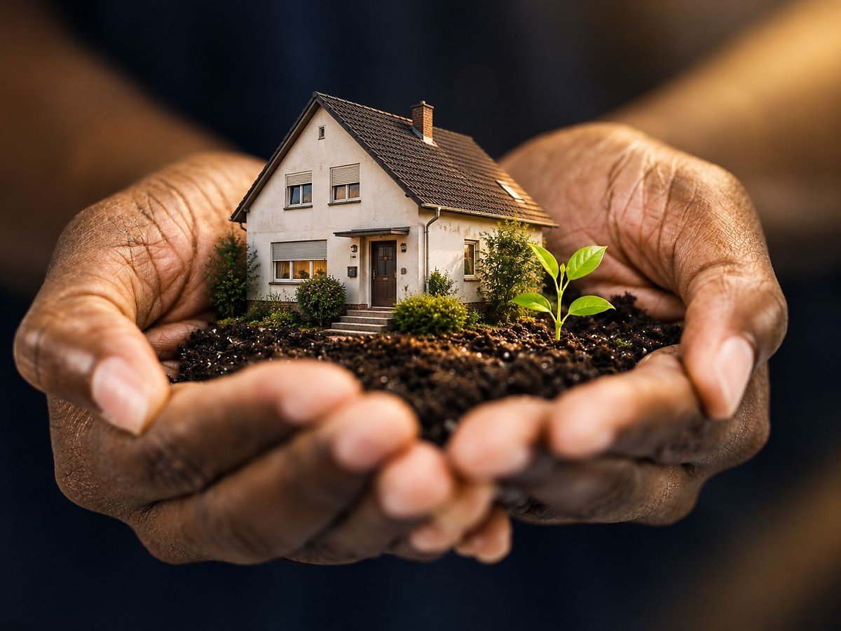 Zwei sch�tzende H�nde halten ein �lteres Einfamilienhaus mit einem gr�nen Trieb als Symbol f�r Entwicklungspotenzial � direkter Immobilienankauf durch Adner & Partner in Braunschweig.