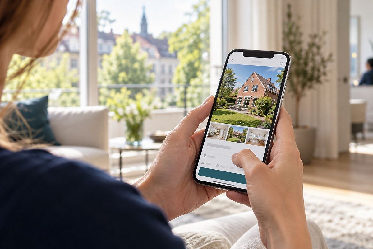 Digitale Immobilienvermarktung in Braunschweig – Adner & Partner Kaufinteressentin betrachtet ein Immobilienangebot auf dem Smartphone