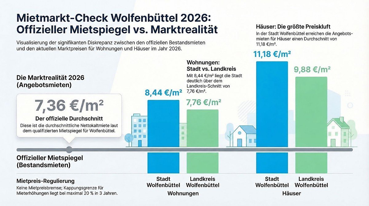 Mietmarkt-Check Wolfenbüttel 2026: Mietspiegel und Angebotsmieten im Vergleich Mietmarkt-Check Wolfenbüttel 2026 mit Vergleich zwischen qualifiziertem Mietspiegel und aktuellen Angebotsmieten für Wohnungen und Häuser in Stadt und Landkreis.