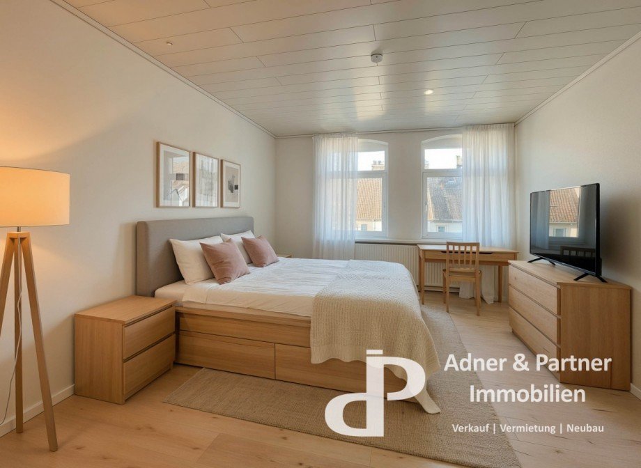 Schlafzimmer 1, KI-Gestaltungsvorschlag Dachgeschosswohnung Braunschweig