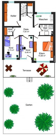 Grundrissskizze Gartenetage **KETTENBUNGALOW IN SPLITTLEVELBAUWEISE MIT GARTEN, BALKON UND DOPPELGARAGE IN WOLFENB�TTEL**